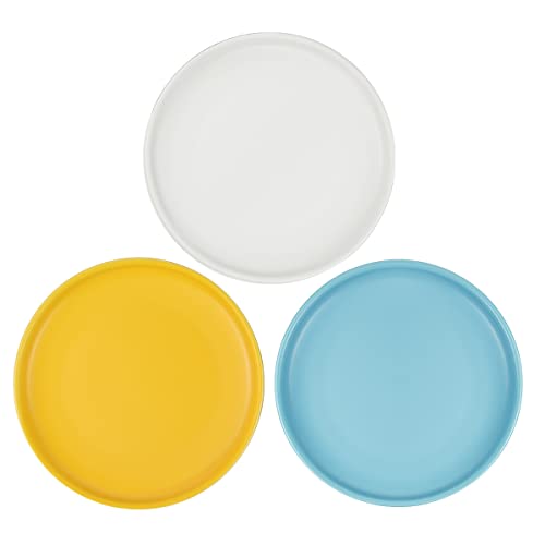 Ceramic Shallow Cat Dish 6 inch, Whisker Fatigue Free Cat Food Bowls, Wide and Small Pet Plate for Kitten and Kitty, Short Legged Munchkin Cat - color: 3 Pack - White & Blue & Yellow