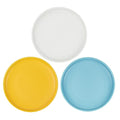 Ceramic Shallow Cat Dish 6 inch, Whisker Fatigue Free Cat Food Bowls, Wide and Small Pet Plate for Kitten and Kitty, Short Legged Munchkin Cat - color: 3 Pack - White & Blue & Yellow