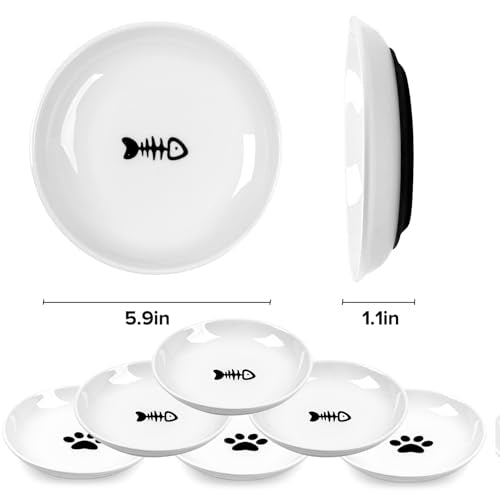 Cat Bowls,No Spill Whisker Fatigue Kittens Food Bowl with Anti-Slip Silicone,Ceramic Cat Dishes for Food Water and Wet and Dry,Shallow Plates Set for Indoor Cats,Small Dogs(6 Pack)