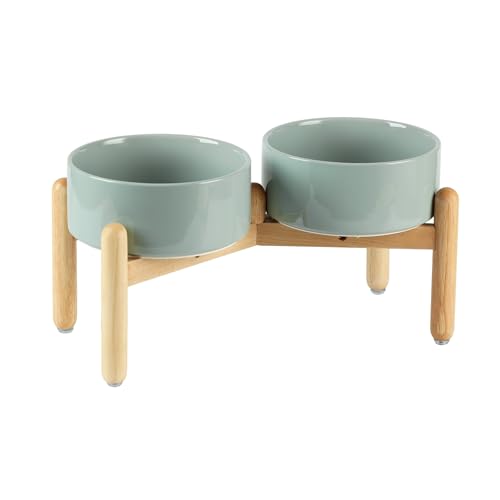 Havniva Elevated Dog Bowls Ceramic Dog Bowls with Stand, Dog Food Bowl | 7.3” Raised Dog Bowls with Non-Slip Wood Stand, Dog Food and Water Bowl Set, Double Dog Feeding Bowls for Medium Dogs - color: 2 Bowls+Stand - Light Green, size: 7.3inch