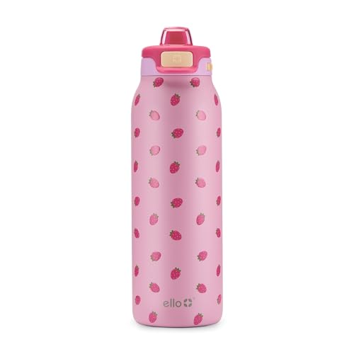 Ello Pop & Fill Insulated Stainless Steel Water Bottle with Quick Fill Lid, Leakproof Locking, Sip or Chug Spout, BPA-Free, Double Wall Vacuum Insulated for Sports, Travel & School- 22oz / 32oz / 40oz - color: Strawberries, style: 32oz