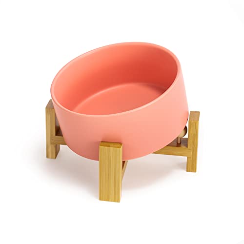 SPUNKYJUNKY 15° Slanted Ceramic Dog and Cat Bowl with Wooden Stand, Tilted Bulldog Food and Water Bowl No Slip Non-Spill for Cats Medium Dogs Big Face Pets 28.7 OZ (3.6 Cups,Pink) - color: Pink, size: 3.6 CUPS × 1