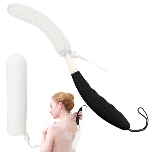 Back Scrubber for Shower,15.35"Curved Body Brush with Anti Slip Long Handle | Long Back Scrubber for Men & Women, Skin Exfoliating Curved Back Scrub Brush, Removable Long Handle Mesh Sponge Back Washer - size: Black+White Handle