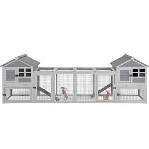 Extra-Long Outdoor Rabbit Hutch with Run, 2-Tier Fir Wood Bunny Cage, Waterproof Roof, Pull-Out Tray, Secure Latches,105.2 x 20.8 x 36.2 in - color: Grey, size: 105.2"L x 20.8"W x 36.2"H