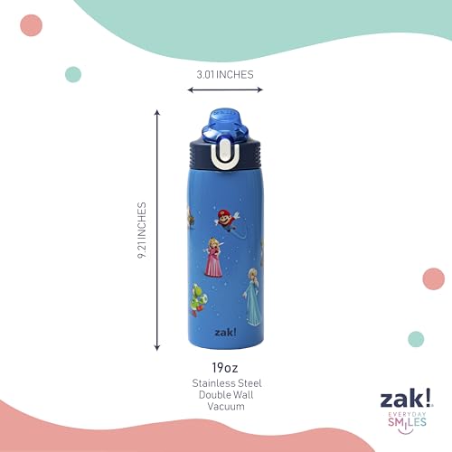 Zak Designs Super Mario Movie Sage 19oz Leak-Proof Straw Kids Water Bottle | BPA Free, Insulated Stainless Steel, Cupholder Friendly, Dishwasher Safe, Lid Lock, Handle, For School, Home, Travel, Outdoor - color: Mario Movie 2