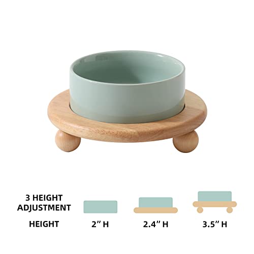 Havniva Raised Cat Bowl 5.1” Elevated Ceramic Cat Food and Water Bowl | Cat Bowls Elevated, Whisker Friendly Cat Bowl, Non-Slip Wood Stand, Food-Grade Ceramic, Wide Opening, Dishwasher Safe - color: Light Green