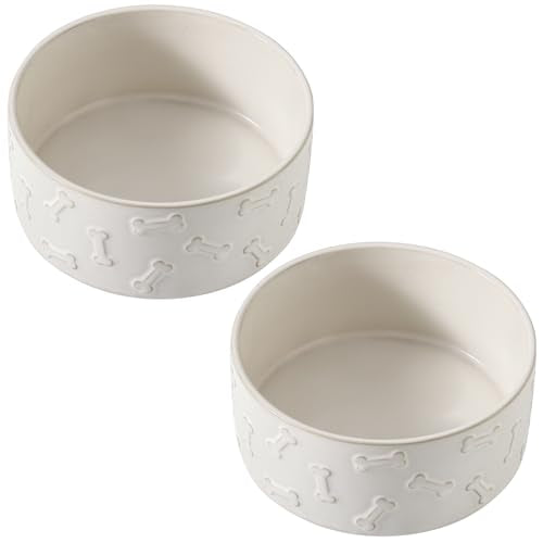 UBEE Ceramic Dog Bowl Set of 2, Dog Food Bowl Dish, Pet Food Water Dish Feeding for Small and Meidum Dogs and Large Cat, White, Bone Pattern, 6.1 in-Medium - size: 6.1 in-Medium