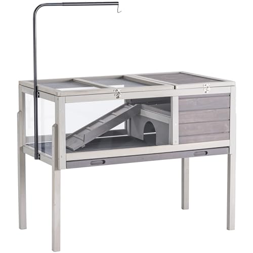 BIRASIL Wood Tortoise Enclosure with Adjustable Light Stand,2-Tier Habitat Reptile Cage with Feeding Area Swimming Area, Turtle House for Small Animals Lizards Hamster (Gray) - color: Gray