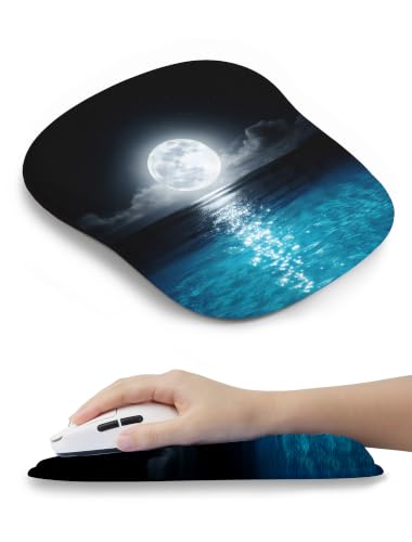 Blue Ocean and Moon Aesthetic Ergonomic Mouse Pad for Carpal Tunnel Pain Relief, 65% Usable Mouse Area, Memory Foam Concave Wrist Rest for Office, PC, Gaming - color: 08 Blue Ocean and Moon