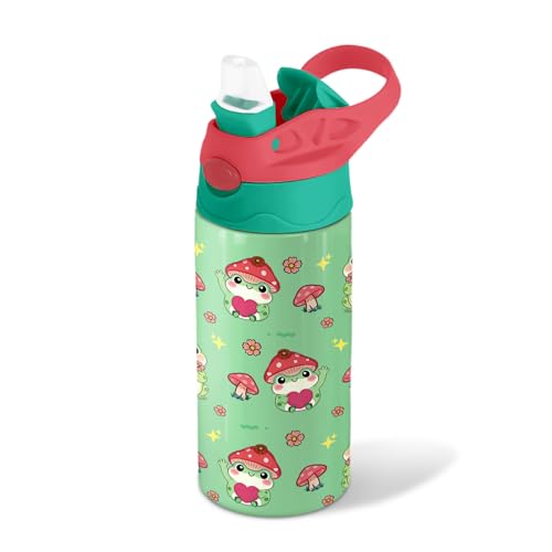 Frog Mushroom 12 oz Water Bottle with Straw – Kids Stainless Steel Vacuum Insulated Cup, Leakproof Pop-Up Spout, Reusable Travel Mug for Boys and Girls Outdoor Sports - color: Frog1