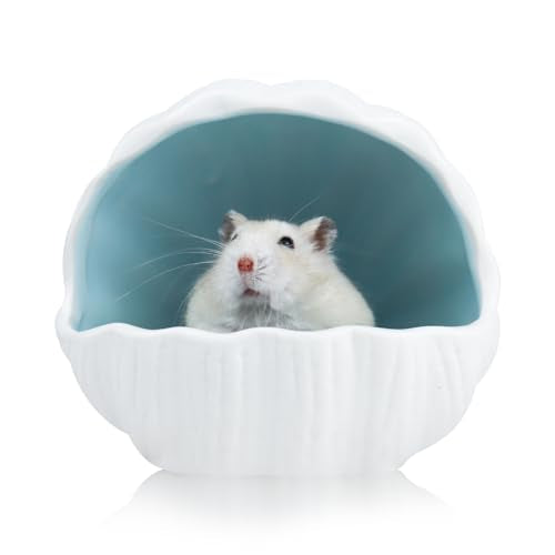 WishLotus Ceramic Hamster Hideout, Adorable Sea Shell Shaped Hamster House, Large-Opening Small Animal Hideout, Small Animal Hideout Habitat Decor for Dwarf Hamsters Gerbils Chinchilla - color: Blue