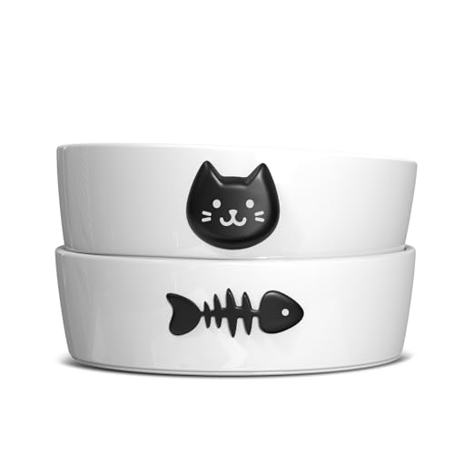Ceramic Cat Bowls Set, 5.3''×1.5'', with Anti-Slip Rings, 1 Cup Capacity