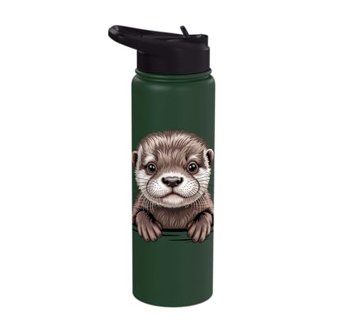 Cute Otter Pup Funny Peeking Pocket Animals Stainless Steel Insulated Water Bottle - color: Dark Green