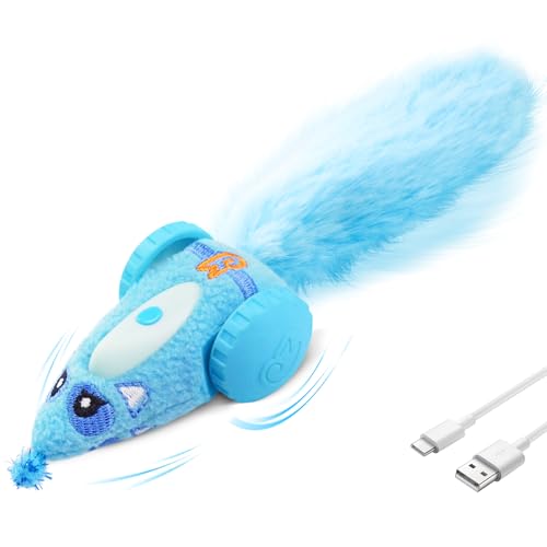 Migipaws Automatic Cat Toys for Indoor Cats, Plush Interactive Mouse Toy, Smart Moving Rechargeable Kitten Toy (Blue)