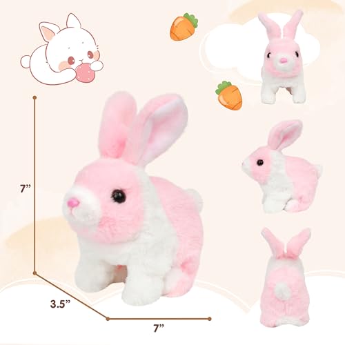 Easfan Walking Bunny White-Pink Rabbit Interactive Plush Toy for Kids 7" | Electronic pet, with sounds & hopping ears, Easter birthday holiday gift, for girls toddlers - style: Bunny_White_Pink