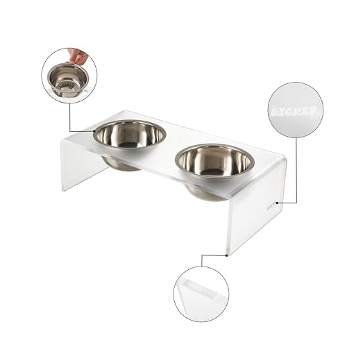 DBL2000K Keaton 5" Small/Medium Modern Acrylic Rectangular Elevated Pet Feeder with 20oz 2-Stainless Steel Bowls, Moon White/Chrome - color: Moon White/Chrome, size: 20 Ounces (5" Cups 2-Pack)