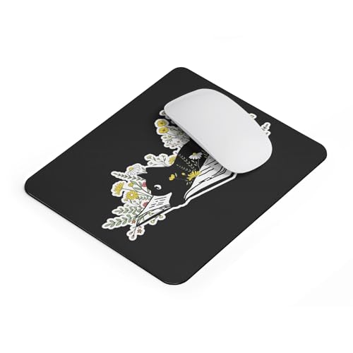 Mousepad Black Cat Reading Book with Flowers Cute Aesthetic Desk Accessory Unique Botanical Illustration Artistic Literary Style Computer Mouse pad Novelty Gaming Mouse Mat Office Decoration Creative - color: Cat Reading