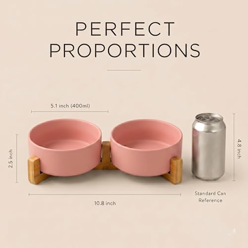 SPUNKYJUNKY Ceramic Dog and Cat Bowl with Wood Stand Non-Slip Matte Glaze Weighted Food Water Set for Cats &Small Dogs 13.5 OZ - color: Pink × 2, size: 1.7 cups