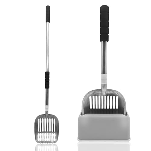 PINVNBY Cat Litter Scooper, Long Handle Litter Sifter Scoop with Litter Scoop Holder Stainless Steel Kitten Scooper Deep Kitty Litter Scooper with Box Metal Detachable Sifting Litter Shovel Set - color: Silver