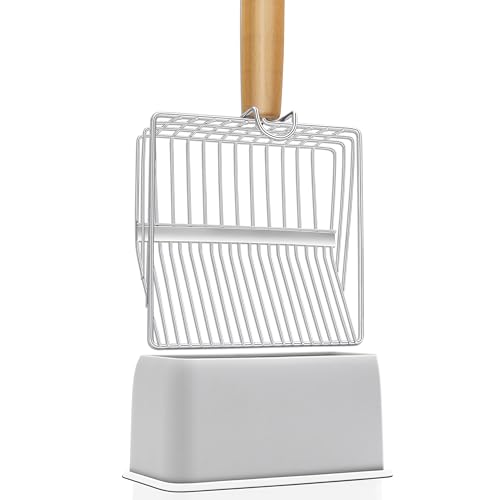 UFECODO Fast Sifting Cat Litter Scoop with Holder Stand, 2 Widths of Slots Stainless Steel Poop Scooper with Ergonomic Wood Handle, Heavy Duty and Easy Clean - size: 0.2&0.4inch gap