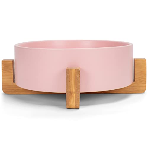 NAT & Jules Large Pink 8 inch Stoneware Ceramic and Wood Pet Bowl with Stand - color: Pink
