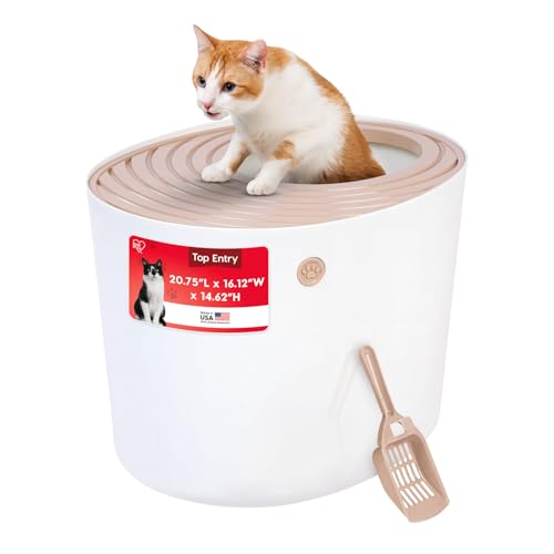 IRIS USA Large Top Entry Cat Litter Box, Hooded Privacy, Beige/White | Multi-Cat Households, Enclosed Top Access, Protected Interior, Mess Containment System, Odor Trapping, Reduced Tracking - color: White/Beige, style: Top Entry