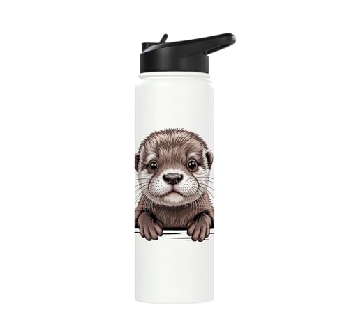 Cute Otter Pup Funny Peeking Pocket Animals Stainless Steel Insulated Water Bottle - color: White