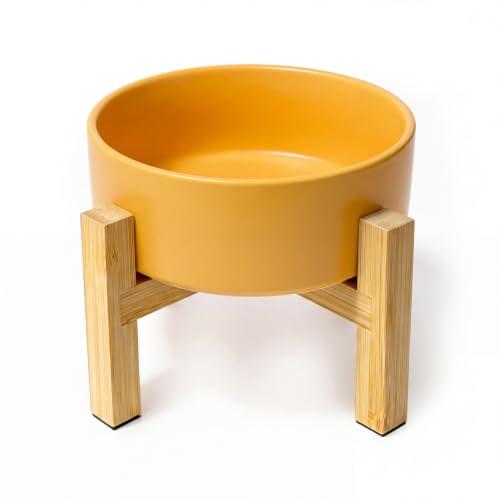 Elevated Ceramic Cat Bowl - Cat Food Bowl with Bamboo Stand - Raised Dog Dish for Puppies - Anti Vomiting, Stress Free - 13.5 oz / 400 ml - Yellow - color: Yellow, size: Small