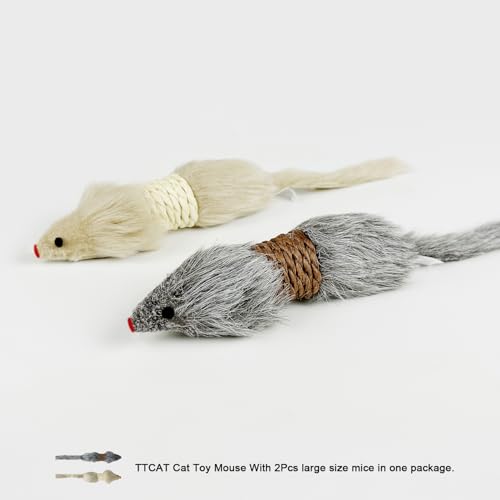 TTcat 2 Pack Large Furry Mouse Cat Toys, Natural Paper Rope Realistic Fake Mice Kitten Interactive Hunting Toy, Durable Chew Teaser Toy for Indoor Cats, Boredom Relief Cat Prey Toy.