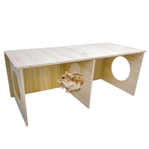 Hamiledyi Wooden Hamster Tunnel 2-Chamber Hideout Tunnel Multi Chamber Exploring Toy Platform 11 x 5.3 x 4.3 Cage Accessories for Syrian Hamsters Rat Mice - size: L