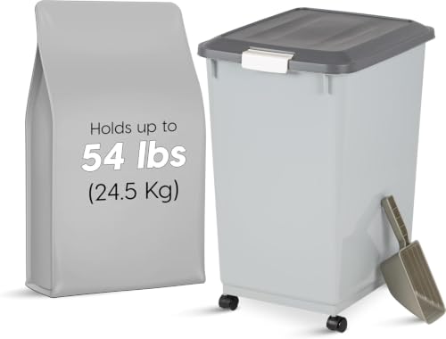 IRIS USA Dog Food Storage Container, Up to 54 lbs, Gray/Dark Gray | Made in USA, Comes with Wheels & 2-Cup Scoop, Airtight Seal, BPA-Free, Bird Seed, Cat food, Cat Litter, Treats, Pellets - color: Gray/Dark Gray, size: 54 lbs