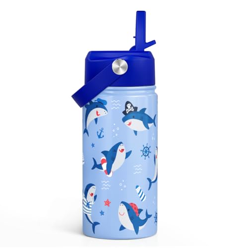 Shark Kids Water Bottle With Straw Lid 12oz Insulated Stainless Steel, Travel Tumbler, Gifts For Boys Girls, Birthday, Christmas, Back To School - color: Shark 1