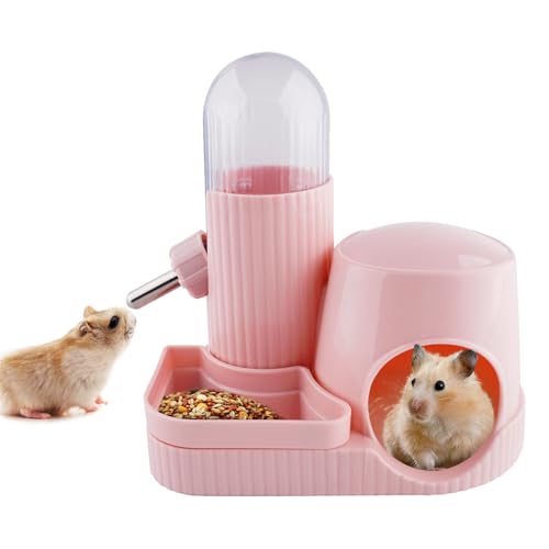 3 in 1 Multifunctional Hamster Water Bottle No Drip Gerbil 100ML Water Bottle Dispenser with Food Bowl Small Animal Auto Dispenser with Hideout Base Hamster Cage Accessories (Pink) - color: Pink