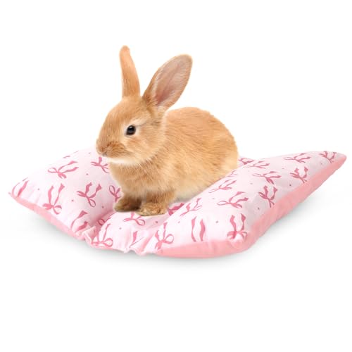 JarThenaAMCS 14.6x14.2 in Rabbit Bed Thickened Soft Bunny Concave Bed Pink Bow Reusable Cuddle Cushion Plush Mat Small Animal Washable Mat Pillow for Guinea Pig Hamster Chinchilla Ferret Accessory