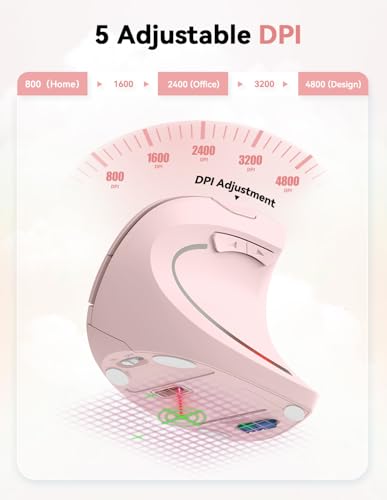 TECKNET 2.4G Ergonomic Mouse Vertical Wireless 4800 DPI Carpal Tunnel Mouse | 5 Adjustable DPI, Optical Tracking, 12 Months Battery, Quiet, 6 Buttons for Laptop, PC, Computer, Right Hand, Pink - color: Pink