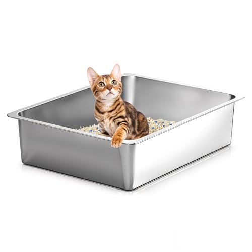 Kirecoo Small Stainless Steel Cat Litter Box Low Entry, Non-Stick | Solid Metal Box, Odor Free, Non Stick, Rust Proof, Easy to Clean, Ideal for Cats, Kittens, Kitty & Rabbits, Indoor Use - size: 15.6” L x 11.6” W x 3.9” H