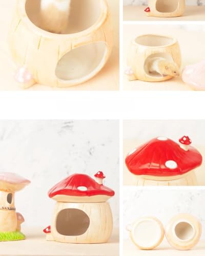 Ceramic Mushroom Hamster Hideout with Detachable Lid (Red) - Cute Hamster House, Habitat Decor for Dwarf Rabbits, Guinea Pigs, Chinchillas, and Small Pets