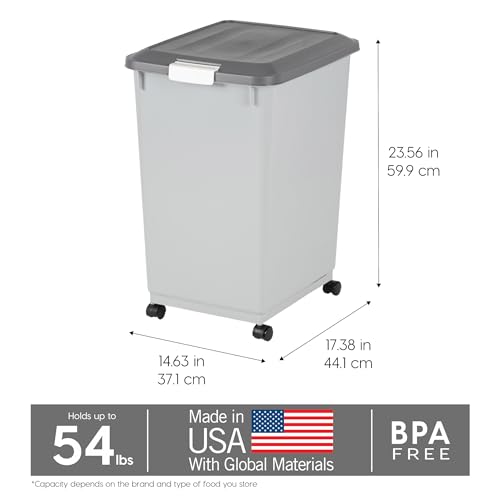 IRIS USA Dog Food Storage Container, 2-Pack, Up to 54 lbs, Gray/Dark Gray | Made in the USA, Comes w/ Wheels & 2-Cup Scoop, Airtight Seal, BPA-Free, Bird Seed, Cat food, Cat Litter, Multi-Pet Household - color: Gray/Dark Gray, size: 54 lbs - 2 Pack