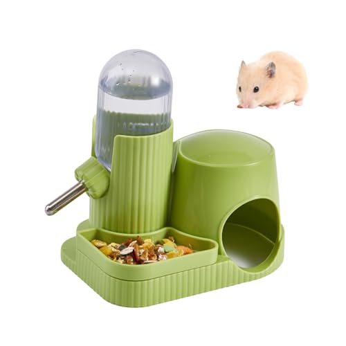 3 in 1 Hamster Water Bottle No Drip Automatic Leakproof Dispenser with Food Container and Hideout Base for Gerbil Rat Dwarf Hamster Mouse (Green, 3.4oz) - color: Green