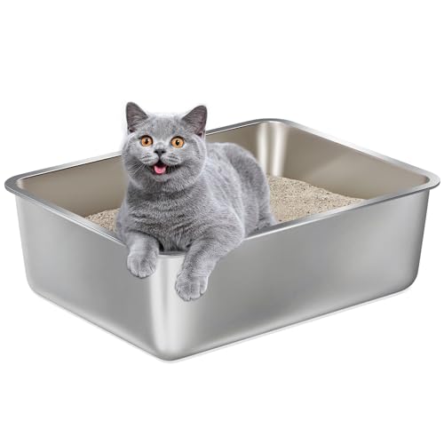 Stainless Steel Litter Box -6in High Side, | Metal Litter Box for Cat/Kitty/Rabbits，Stainless Steel Cat LitterBox-Metal PanToilet,No Smell, Non Stick, Easy Clean - color: M - 17" L x 13" W x 6" H