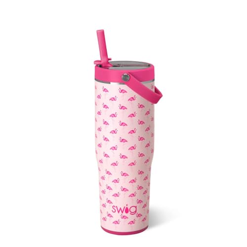 Swig Life 30oz Leakproof To-Go Tumbler with Handle, Flamingos | Leakproof Lid - Triple Insulated Stainless Steel - Handle & Straw Included - Cup Holder Friendly - Dishwasher Safe - color: Flamingos