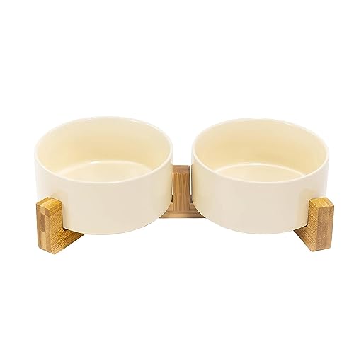 SPUNKYJUNKY Ceramic Dog and Cat Bowl Set with Wooden Stand, Modern Cute Weighted Food Water Set for Small Size Dogs (13.5OZ) & Medium Sized Dogs (28.7OZ) & Cats (3.6 Cups, 2 × Beige) - color: Beige × 2, size: 3.6 cups