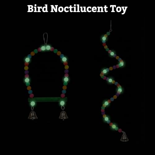 2PCs Swing Parrot Toy Spiral Perch Bird Cage Toy Colorful Wood and Glow Beads with Metal Bell for Small to Regular Parrot Parakeets,Macaw,Conure, Cockatiel, Finchess