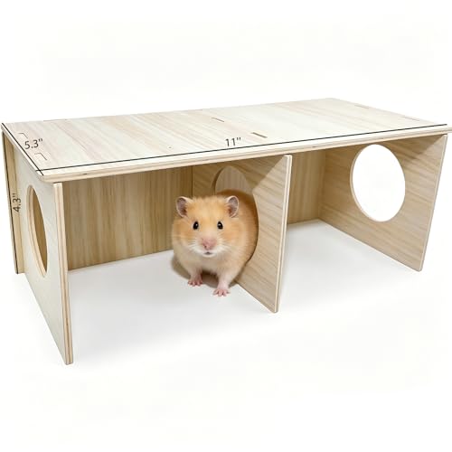 Hamiledyi Wooden Hamster Tunnel 2-Chamber Hideout Tunnel Multi Chamber Exploring Toy Platform 11 x 5.3 x 4.3 Cage Accessories for Syrian Hamsters Rat Mice - size: L