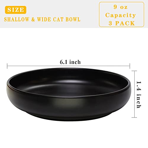 Ceramic Cat Bowls - Shallow Dishes for Food and Water, 6 Inch Matte Finish Wide Cat Food Bowl, Whisker Fatigue Free Pet Puppy Kitten Bowl Set of 3, Dishwasher Safe - color: Black-3pack