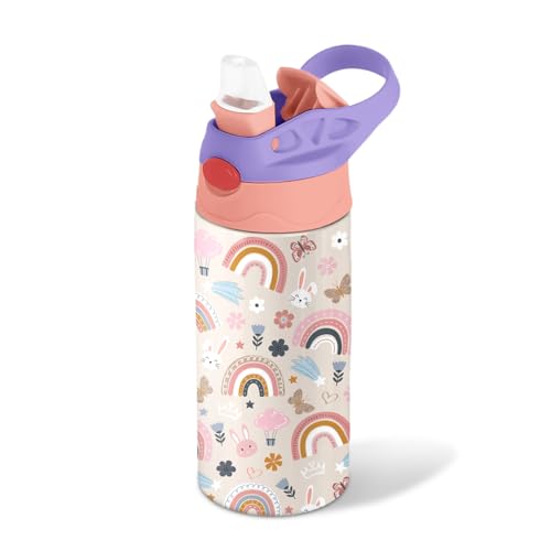 Rainbow 12 oz Water Bottle with Straw – Kids Stainless Steel Vacuum Insulated Cup, Leakproof Pop-Up Spout, Reusable Travel Mug for Boys and Girls Outdoor Sports - color: Rainbow1