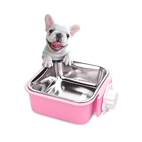 Crate Dog Bowl,Removable Stainless Steel Water Food Feeder Bowls Crate Coop Cup,Pet Cage Bowls with Bolt Holder for Cat, Puppy, Birds, Rats, Rabbits Small Animals ((Green+Pink) Square, Samll) - color: (Green+Pink) Square, size: Small