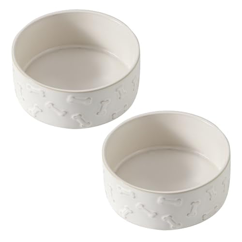 UBEE Ceramic Dog Bowl Set of 2, 5.1 inch Dog Food Bowl, Pet Food Water Dish Feeding for Small Dogs and Large Cat, Bone Pattern, 5.1 in-Small, White - size: 5.1 in-Small