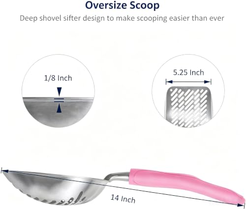 Cat Litter Scoop, Aluminum Alloy Sifter, Kitty Metal Scooper, Deep Shovel with Diagonal Sifting Hole, Long Handle, Kitten Poop Lifter for Litter Box, Large Size, Pink Handle - color: #10 Pink, size: Large