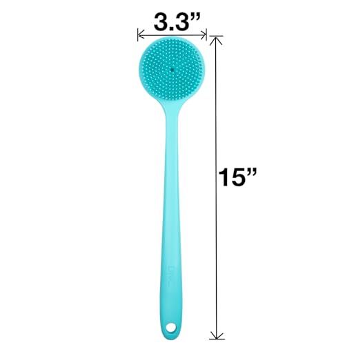 DNC Silicone Back Scrubber for Shower, Soft Bath Body Brush with Long Handle (Blue) - color: Blue